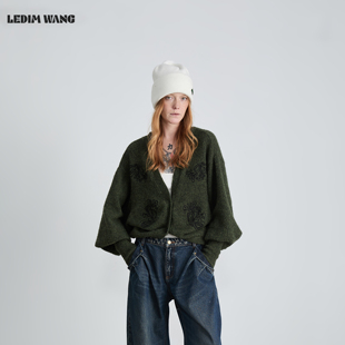 茧型绿色女25秋冬新款 LEDIM 长袖 绣花毛衣开衫 复古宽松 WANG羊腿袖