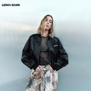 皮夹克外套女26春新款 LEDIM 短款 暗藏花豹美式 宽松上衣 WANG白标
