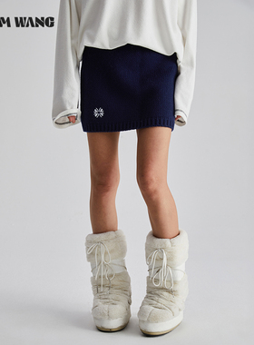 LEDIM WANG绵羊毛针织半身裙女秋冬新款刺绣直筒百搭气质包臀短裙