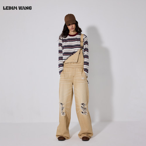 LEDIMWANG美式破洞牛仔背带裤女