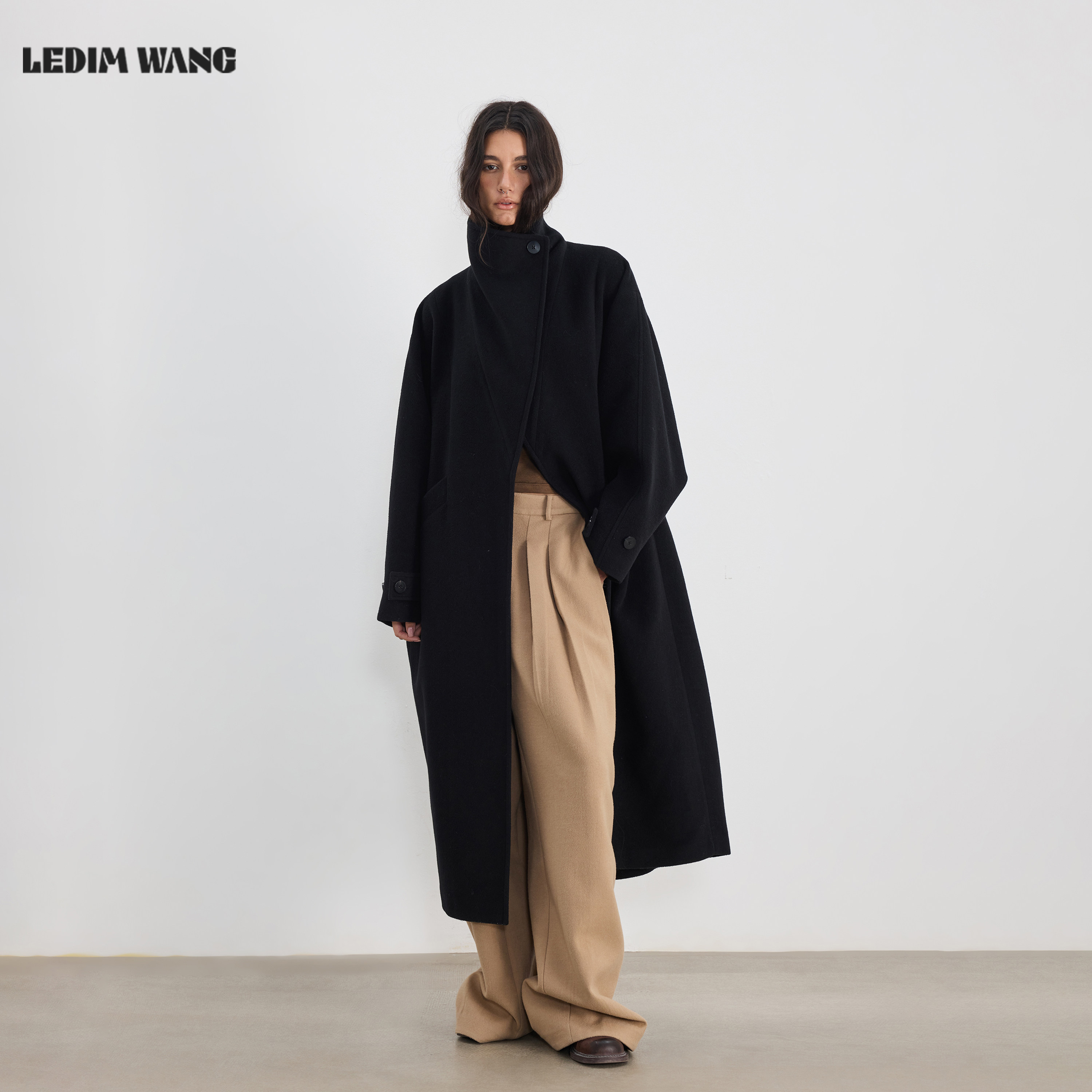 LEDIM WANG黑标/高智毛呢长款大衣外套女25秋冬新款黑色慵懒阔版
