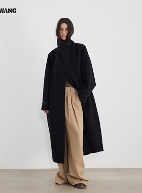 LEDIM WANG黑标/高智毛呢长款大衣外套女25秋冬新款黑色慵懒阔版