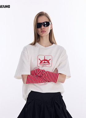 LEDIM WANG撞色袖套短袖T恤女26春新款条纹印花白色亲肤透气上衣