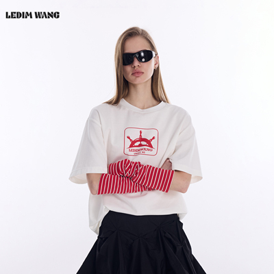 LEDIM WANG撞色袖套短袖T恤女26春新款条纹印花白色亲肤透气上衣