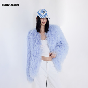 LEDIM WANG羊滩毛皮草毛绒外套女冬季新款亮蓝色短款轻奢高级感