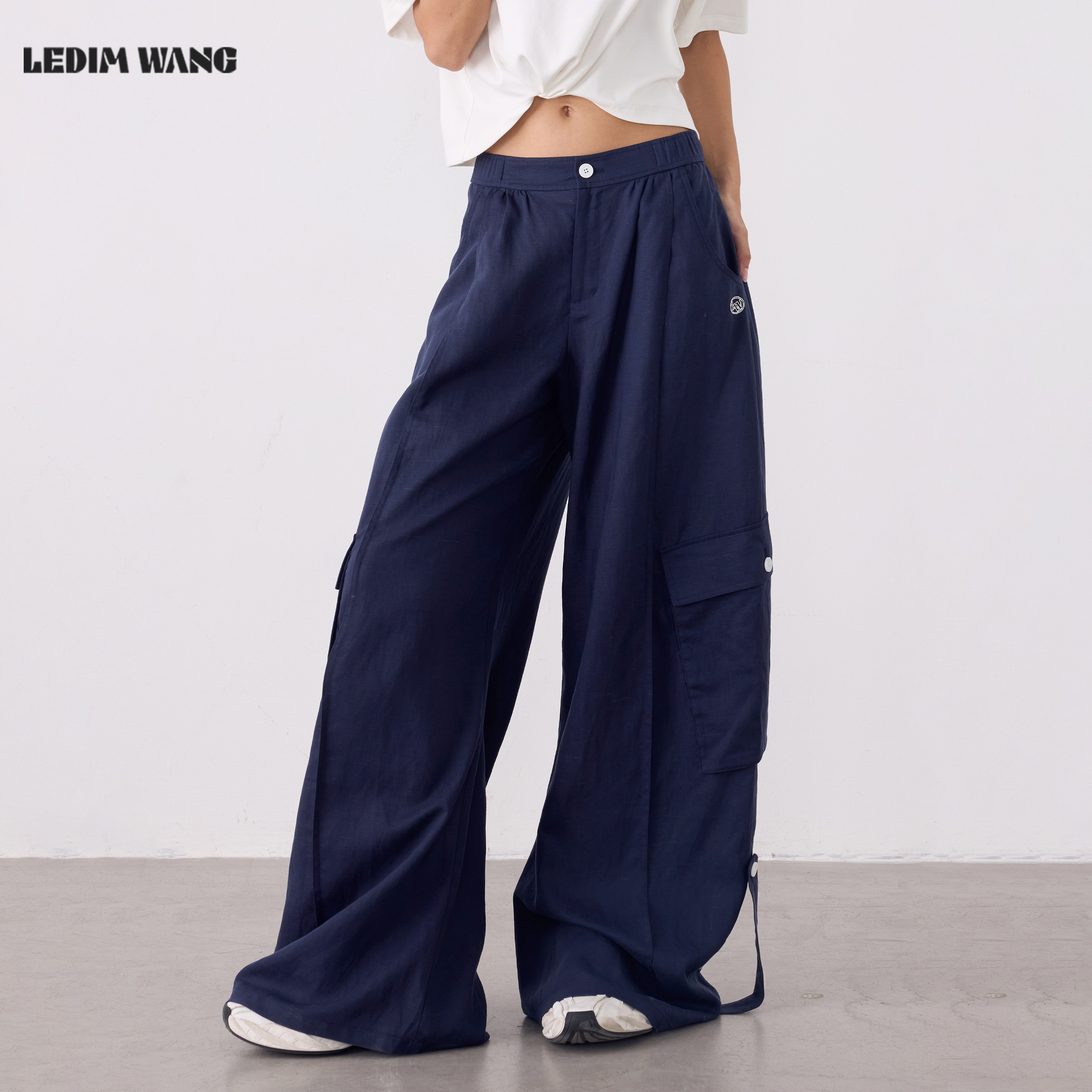【明星同款】LEDIM WANG莱赛尔亚麻休闲裤女藏青色工装裤新款长裤