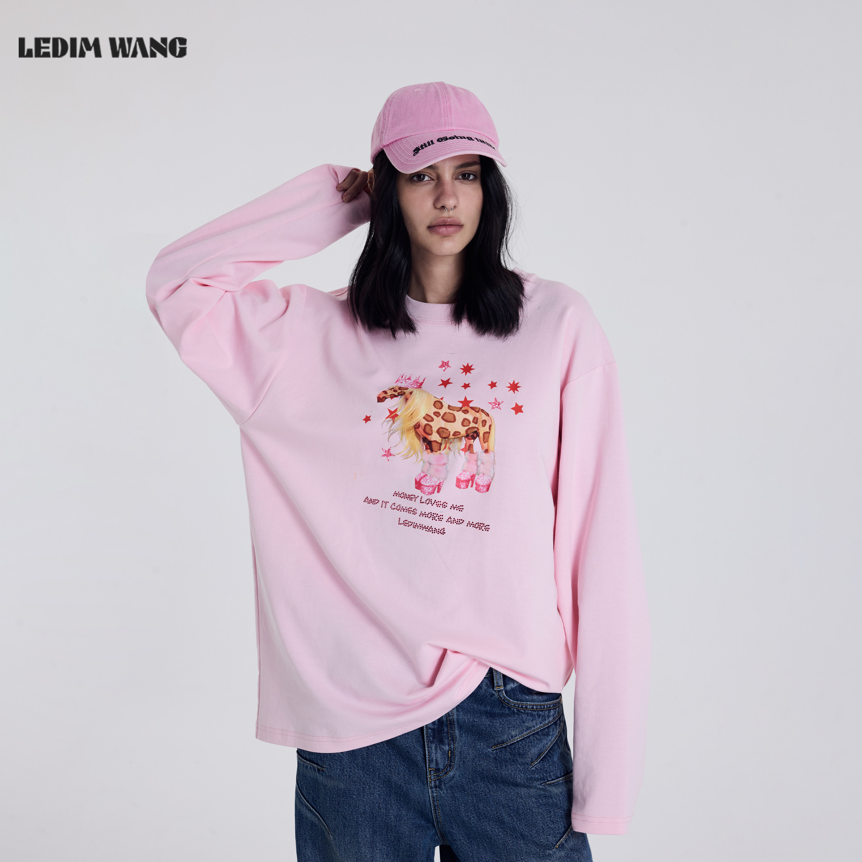 LEDIM WANG马年豹纹T恤女2026春季新款粉色新年战袍长袖宽松上衣,女装/女士精品,T恤,淘宝优惠券,粉丝福利购,淘宝优惠卷