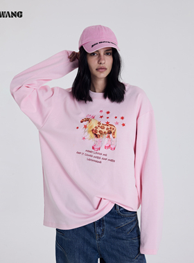 LEDIM WANG马年豹纹T恤女2026春季新款粉色新年战袍长袖宽松上衣