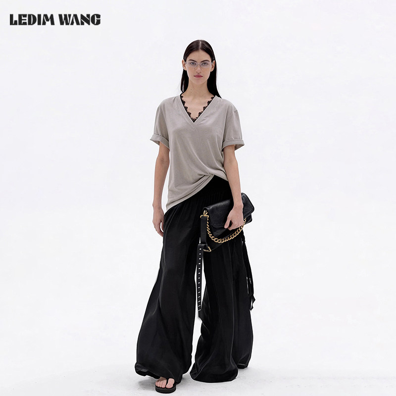 LEDIM WANG轻风流绪飘带休闲裤女2026春夏新款黑色宽松透气阔腿裤