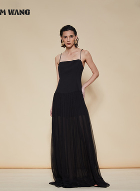 LEDIM WANG黑色吊带连衣裙女长裙超仙气质大摆裙度假风轻礼服新款