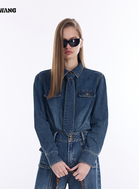 LEDIM WANG复古领带牛仔衬衫女2026春季新款蓝色洗水宽松长袖上衣