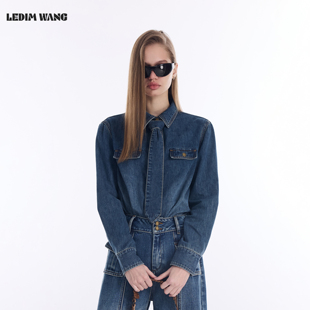 LEDIM WANG复古领带牛仔衬衫女2026春季新款蓝色洗水宽松长袖上衣