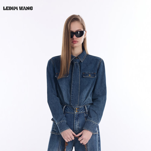 LEDIMWANG复古领带牛仔衬衫女