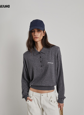 LEDIM WANG刺绣垫肩针织衫女25秋冬新款POLO领灰色绵羊毛长袖打底