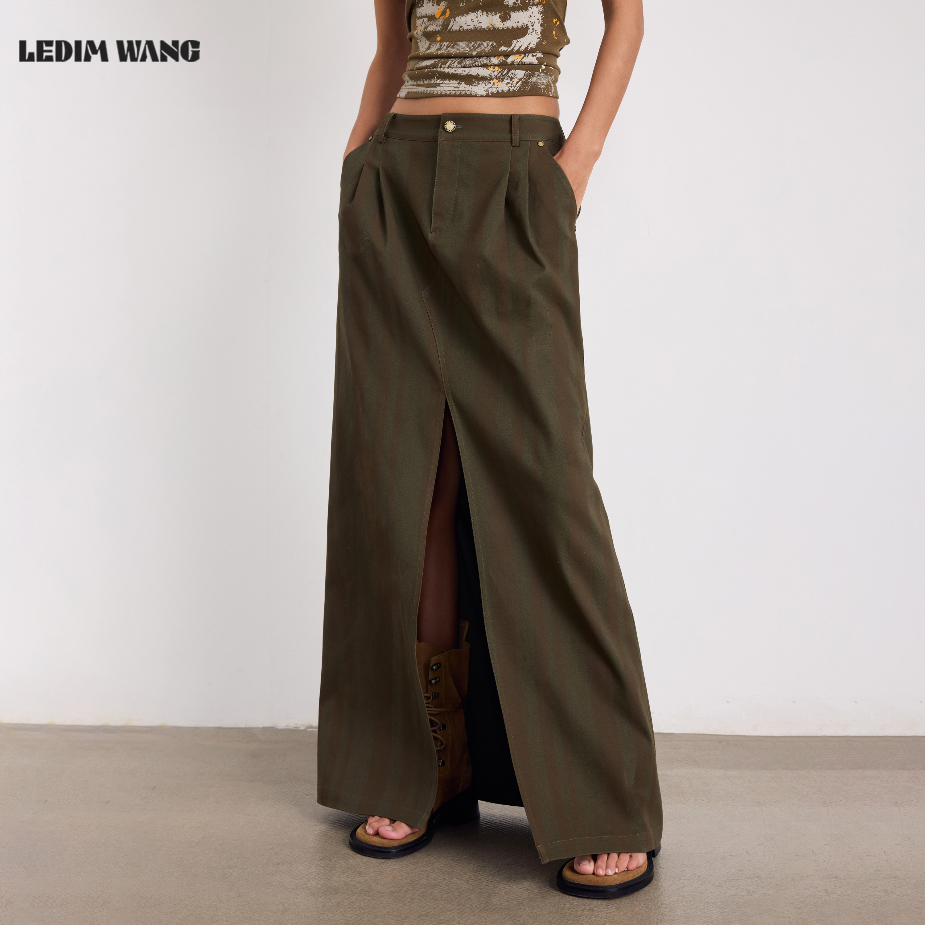 LEDIM WANG复古工装风直筒开叉长半裙女军绿色挺括长裙26夏季新款