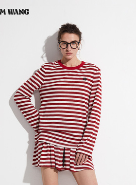 LEDIM WANG【航海】美式休闲撞色条纹宽松长袖T恤短裤运动套装女