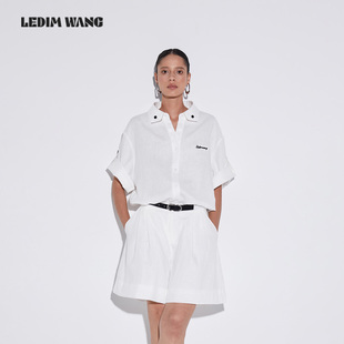 明星同款 短袖 LEDIM 老钱风淡人亚麻衬衣女夏季 上衣 WANG黑标