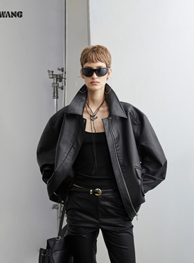 LEDIM WANG白标/不对称口袋宽松仿皮衣女25冬季新款黑色夹克外套