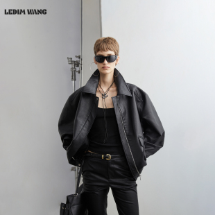 新款 不对称口袋宽松仿皮衣女25冬季 黑色夹克外套 WANG白标 LEDIM