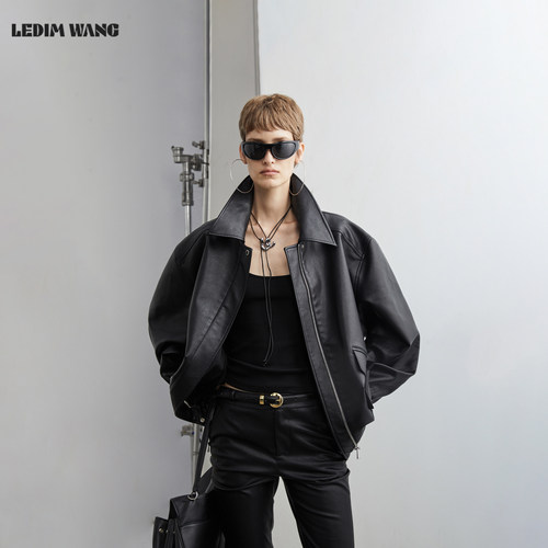 LEDIM WANG白标/不对称口袋宽松仿皮衣女冬季新款黑色夹克外套