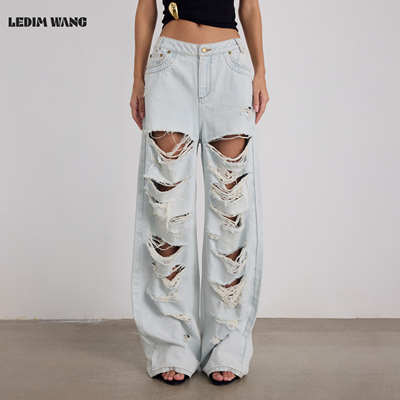 LEDIMWANG重工水洗破洞牛仔裤