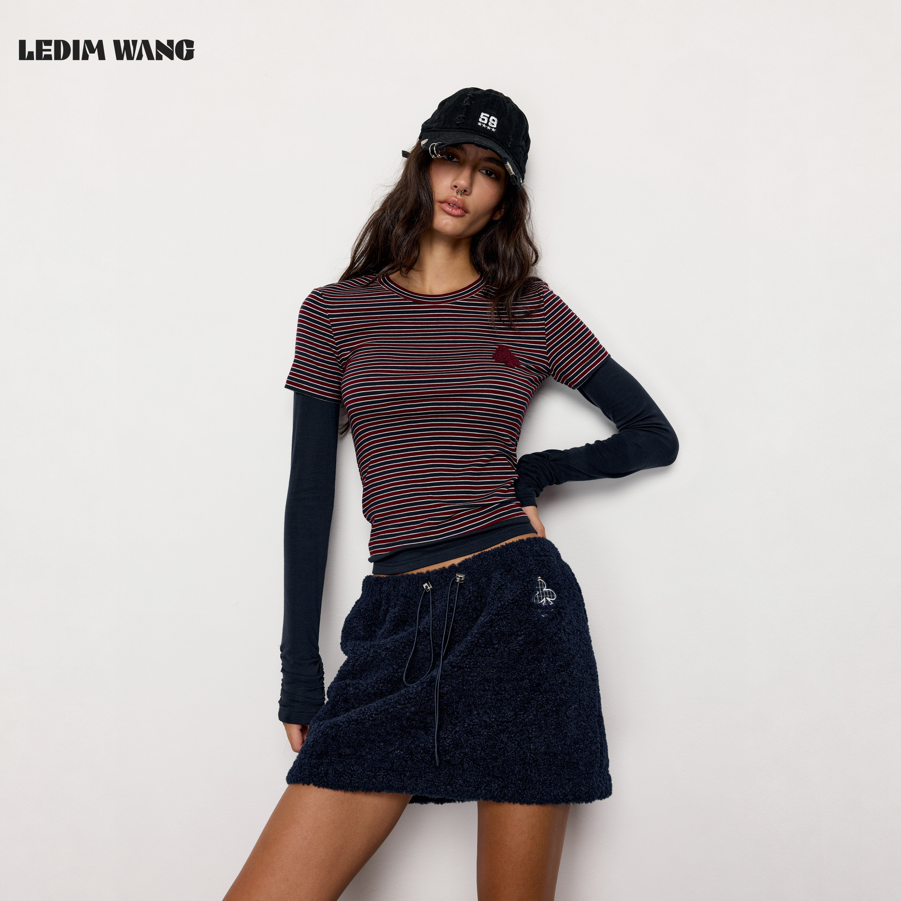 LEDIM WANG莱赛尔假两件拼接T恤女复古条纹长袖上衣2026秋冬新款