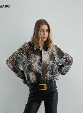 LEDIM WANG黑标/野性豹纹解构雪纺荷叶领衬衫女25秋新款黑色上衣