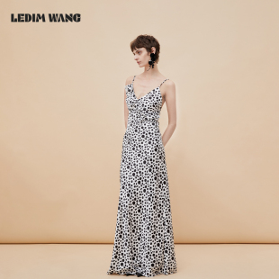 LEDIM WANG度假风荷叶边印花连衣裙女收腰显瘦长裙气质V领吊带裙
