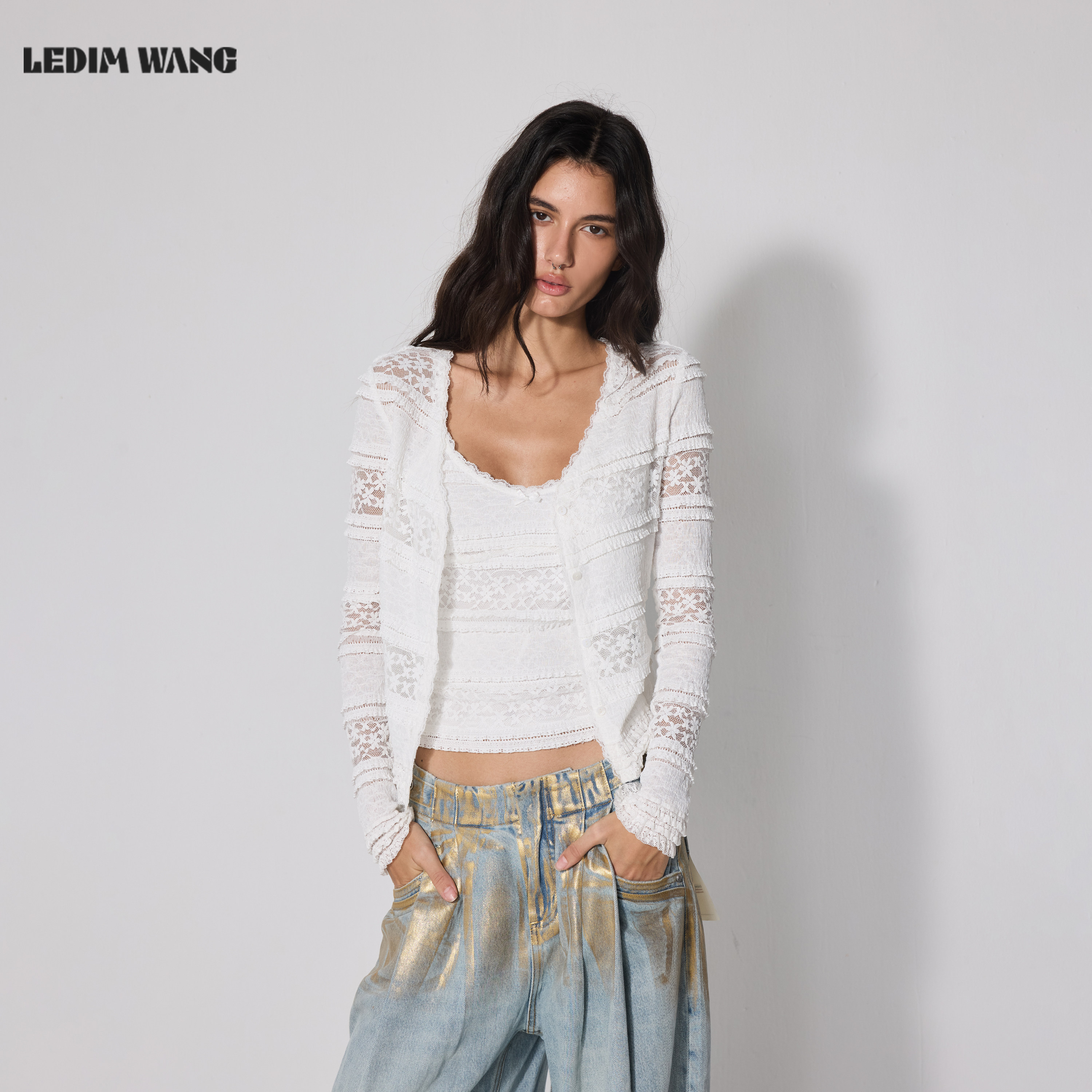 LEDIMWANG蕾丝花边针织衫开衫女图片