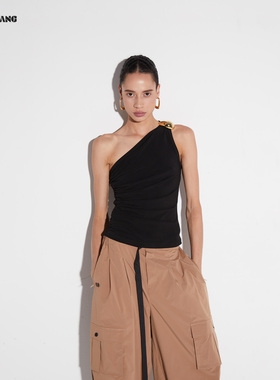 LEDIM WANG白标/金扣斜肩薄款修身抹胸女春夏新款修身针织上衣