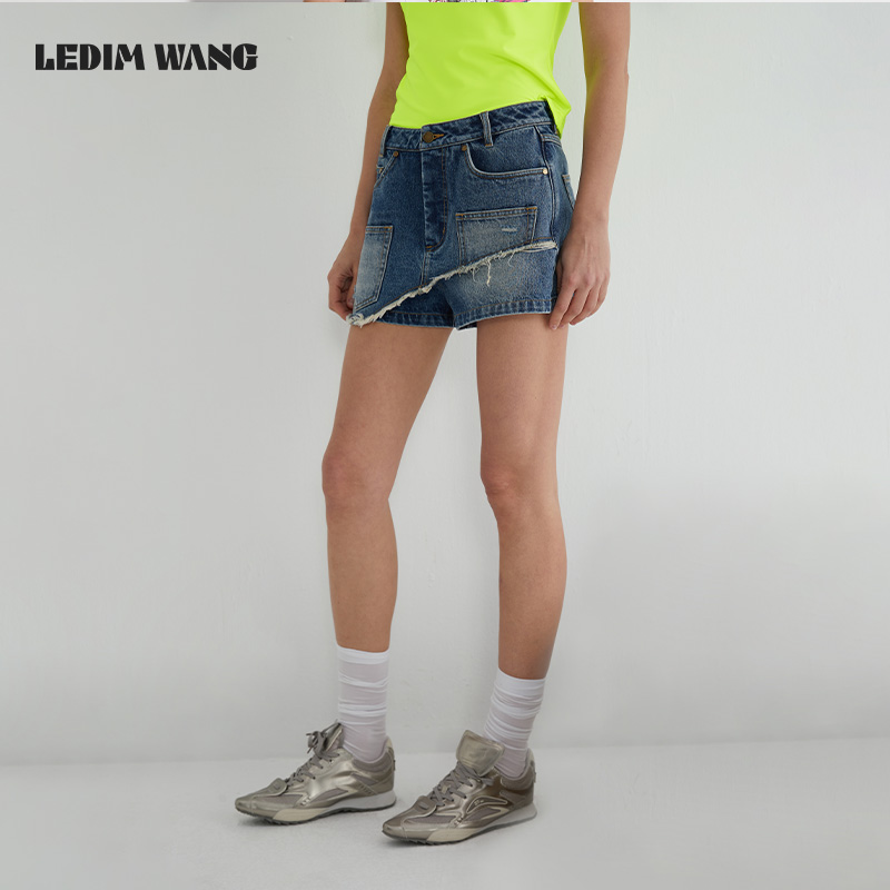 LEDIM WANG复古不规则搭片牛仔短裤女夏季宽松显瘦直筒阔腿热裤