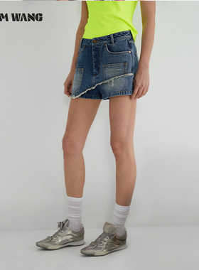 LEDIM WANG复古不规则搭片牛仔短裤女春夏季宽松显瘦直筒阔腿热裤