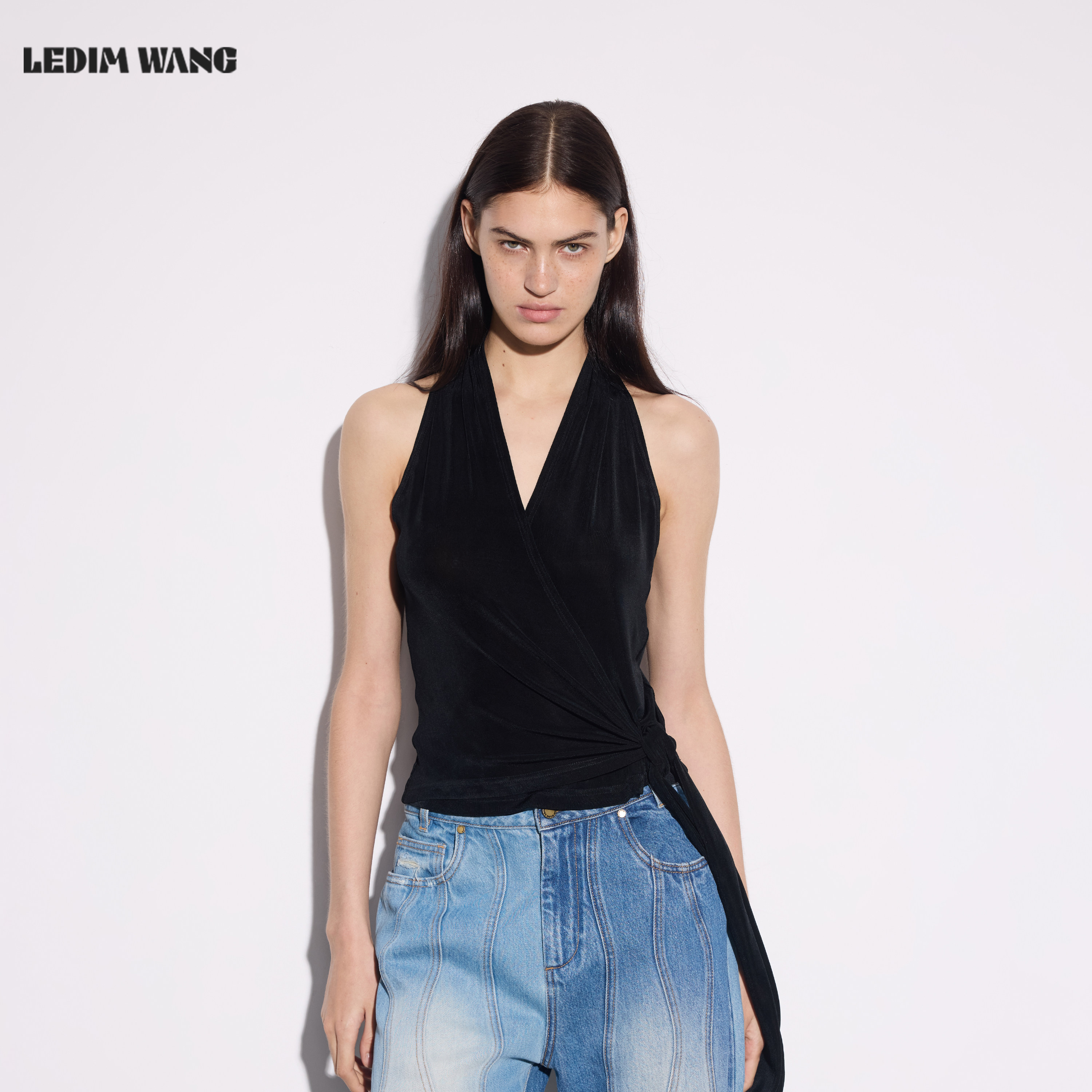 LEDIM WANG绑带醋酸针织飘带背心吊带女26夏季新款黑色收腰上衣