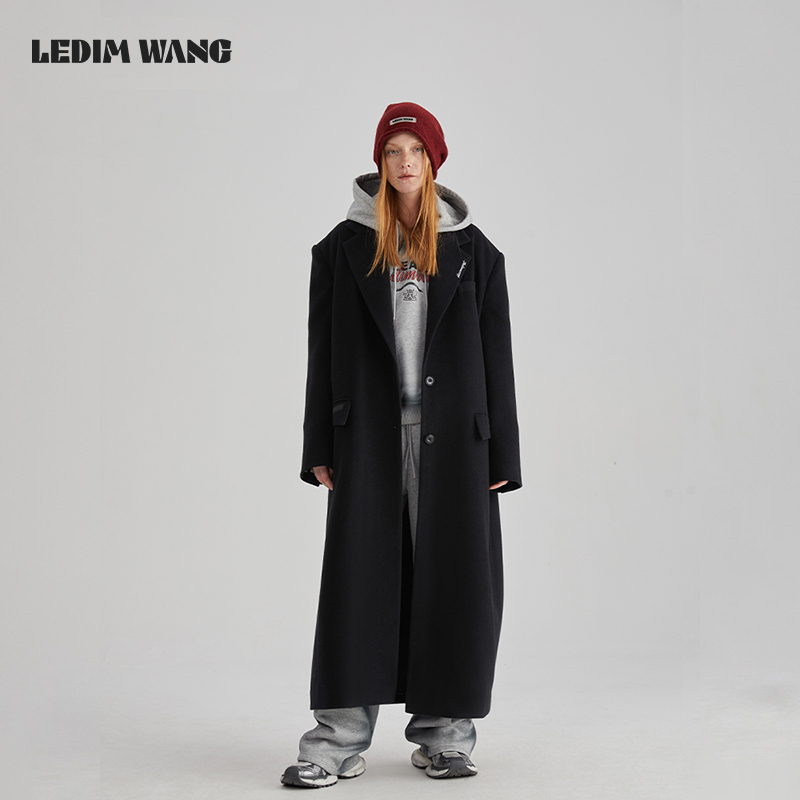 LEDIM WANG极简直筒羊毛大衣女2024冬季新款撞色绣花羊毛混纺蚕丝