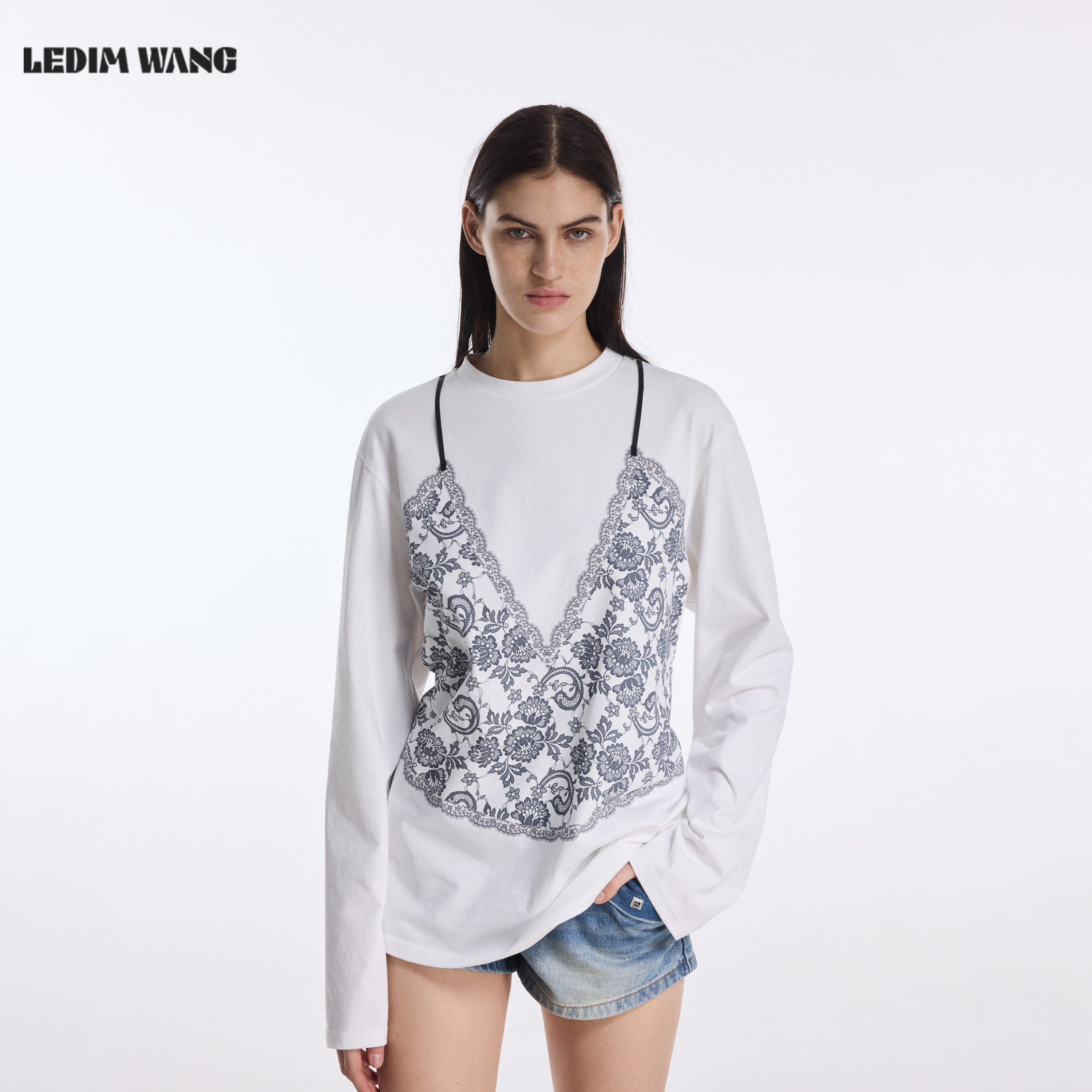 LEDIM WANG蕾丝印花长袖T恤女26夏季新款白色假两件宽松休闲上衣
