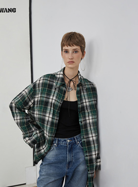 LEDIM WANG白标/压褶格纹长袖衬衣女25冬季新款绿色叠穿宽松上衣