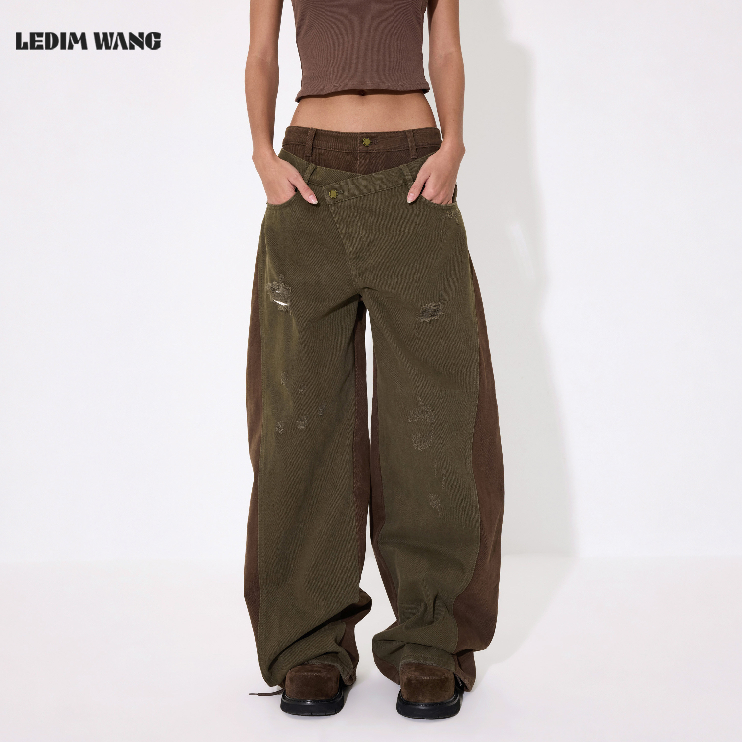 LEDIMWANG纯棉双腰头廓形牛仔裤图片