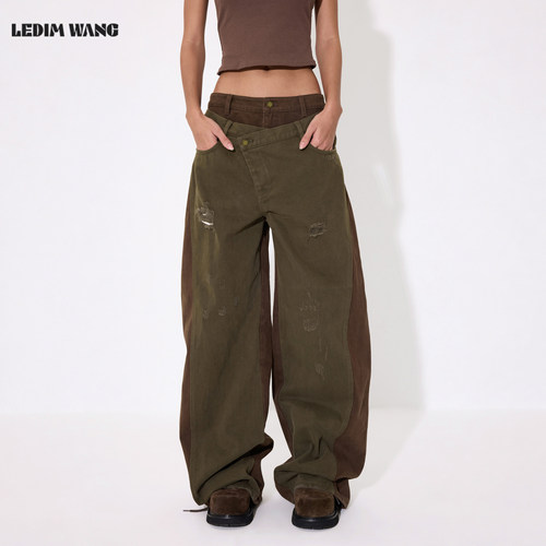 LEDIMWANG纯棉双腰头廓形牛仔裤
