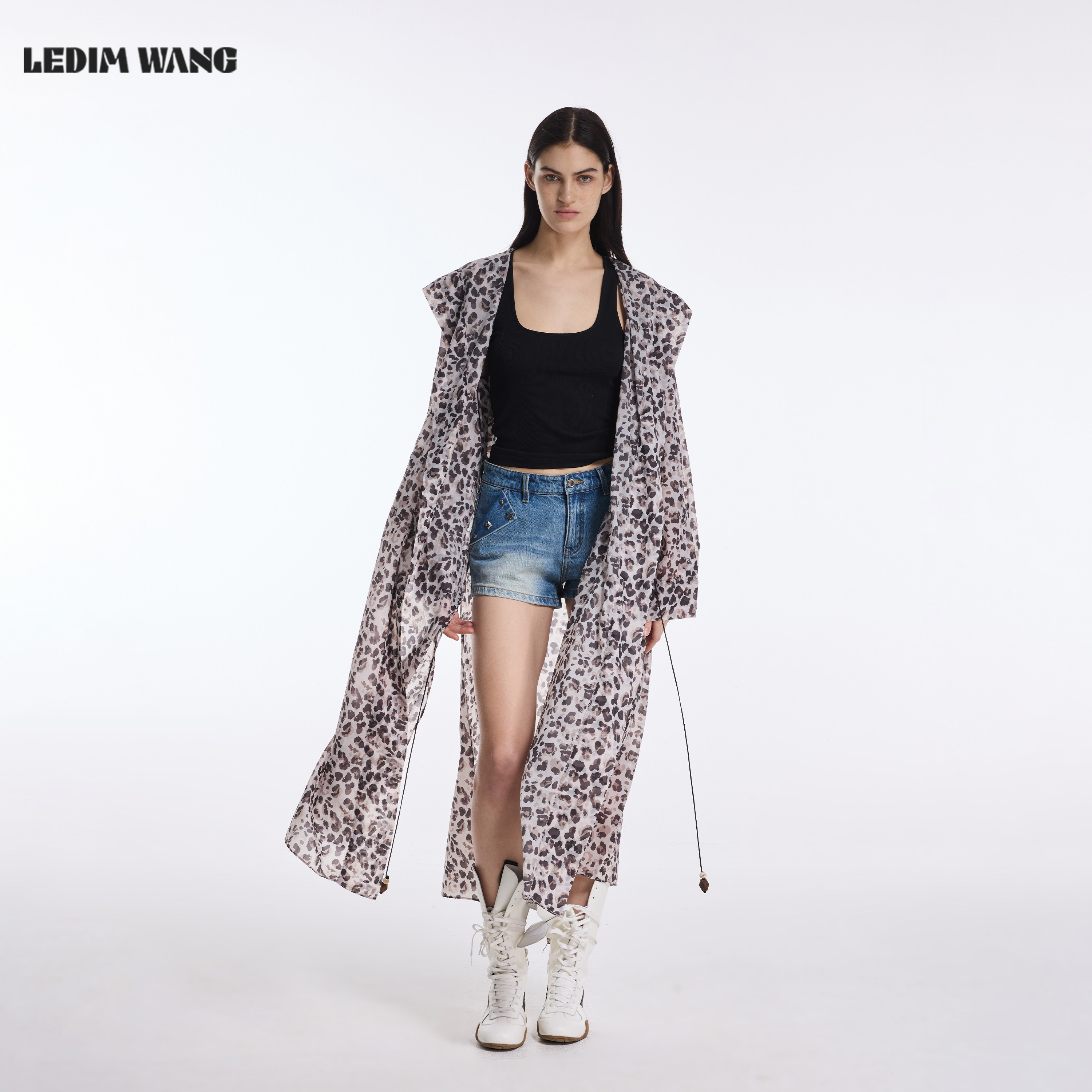 LEDIM WANG豹纹印花长款防晒衣女春夏新款设计师原创薄款连帽风衣