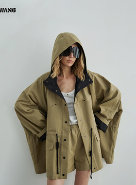 【明星同款】LEDIM WANG双色连帽阔版卡其风衣外套女25秋新款上衣