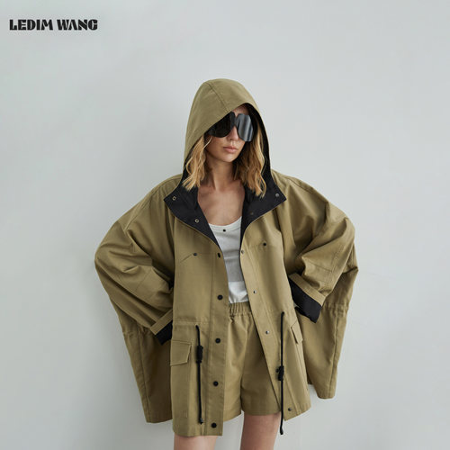 LEDIMWANG双色连帽阔版卡其风衣