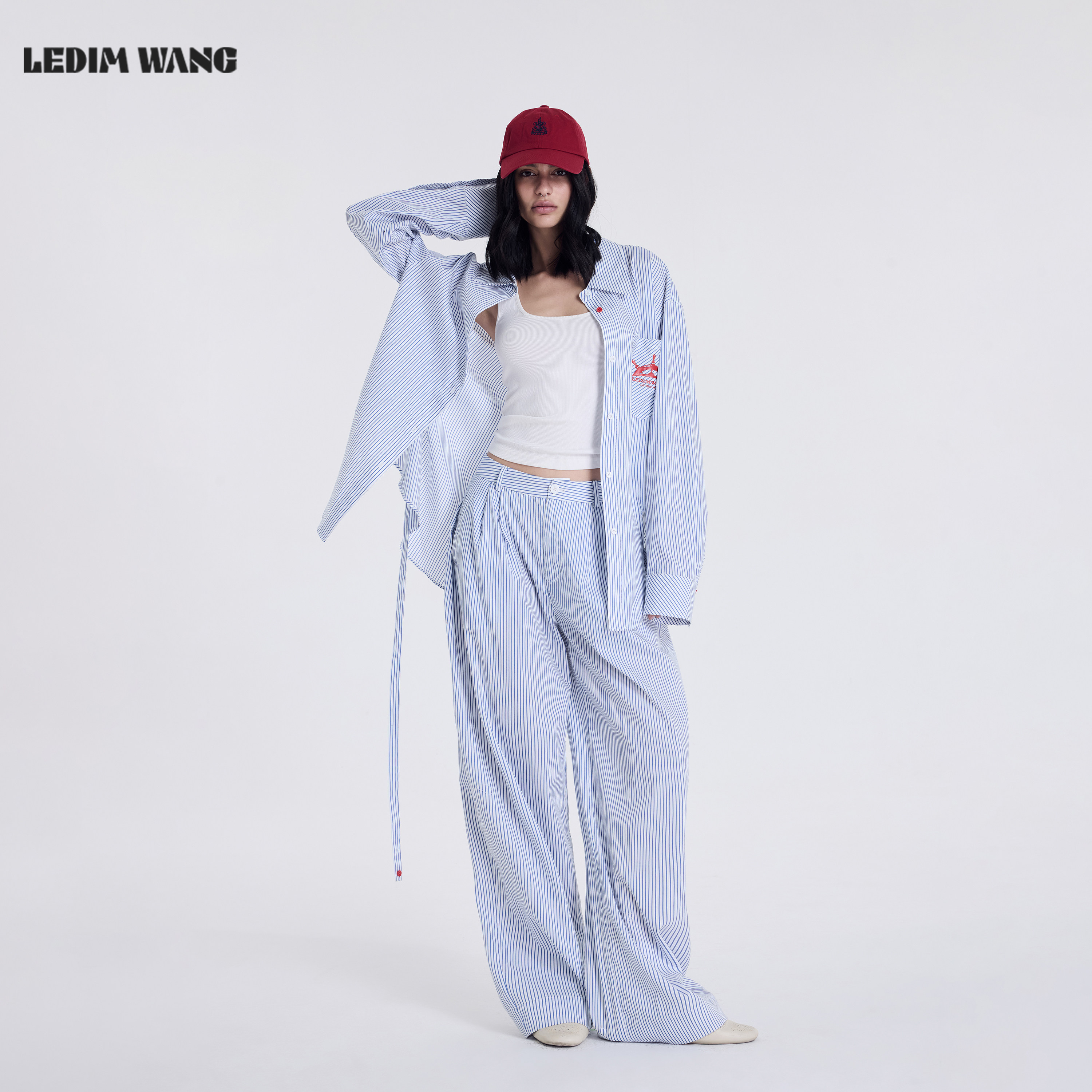 LEDIM WANG海军风条纹衬衫/休闲裤时尚套装女2026春新款宽松通勤,女装/女士精品,时尚套装,淘宝优惠券,粉丝福利购,淘宝优惠卷