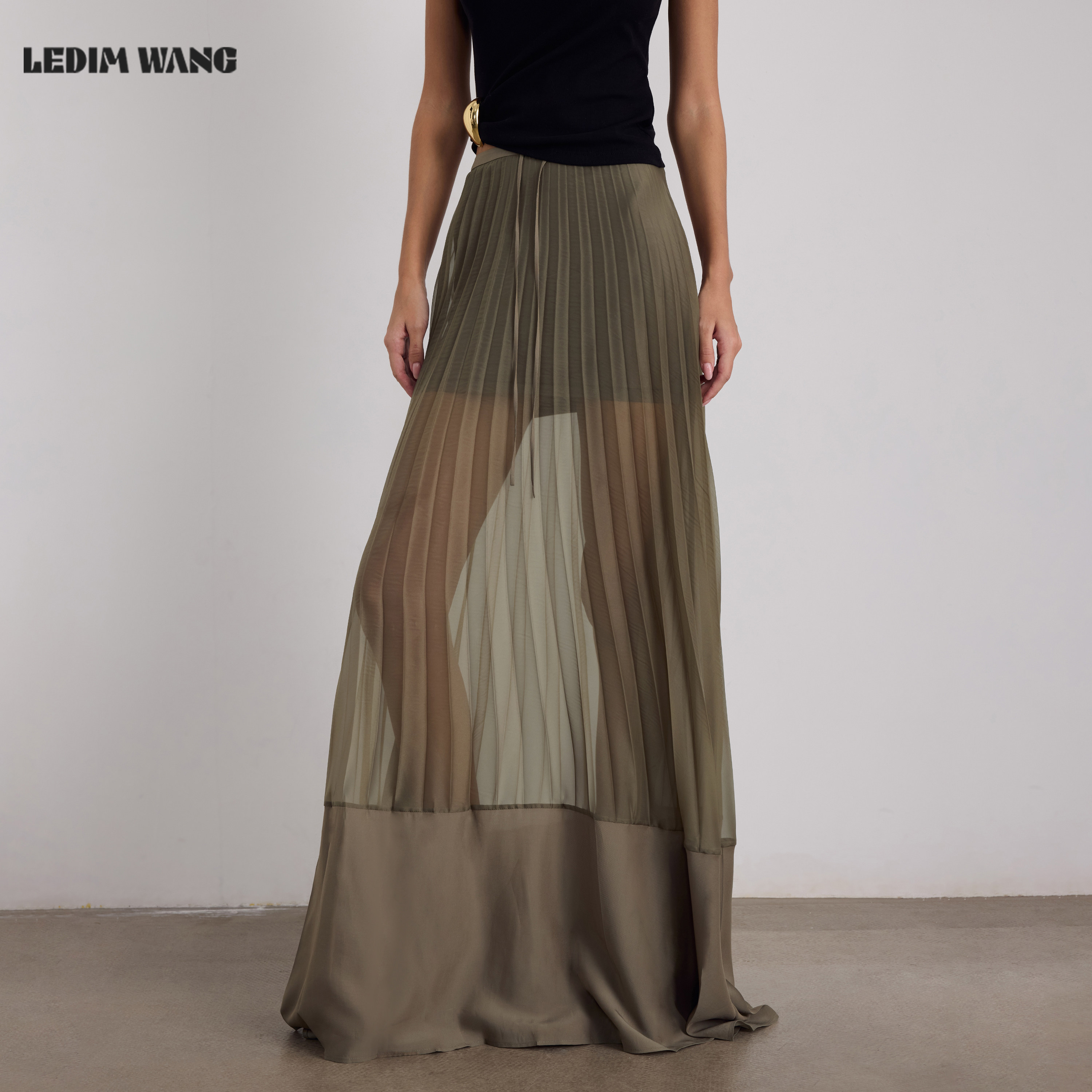 LEDIM WANG风琴褶雪纺半身裙纱裙女橄榄绿轻薄款长裙26夏季新款