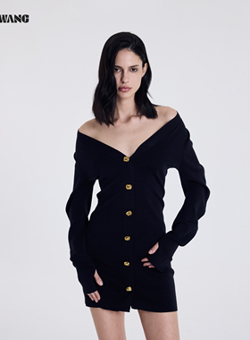 LEDIM WANG鎏金V领长袖连衣裙女2026春新款黑色长袖修身针织短裙