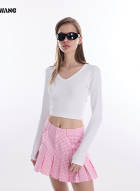 LEDIM WANGV领刺绣长袖T恤女2026春新款白色无缝高腰弹力短款上衣