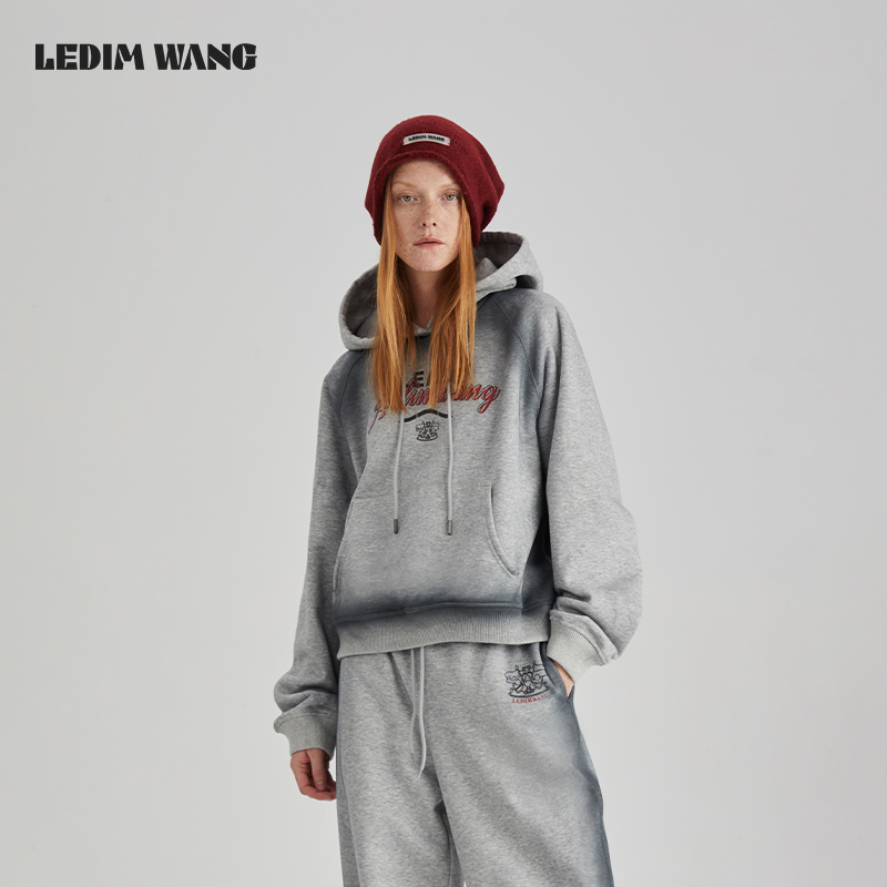 LEDIM WANG美式复古喷绘印花连帽灰色卫衣女2024秋季新款休闲宽松