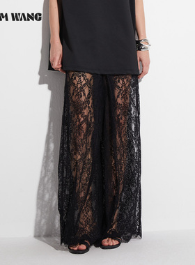 LEDIM WANG【白标系列】镂空蕾丝休闲裤女黑色阔腿裤2025秋季新款