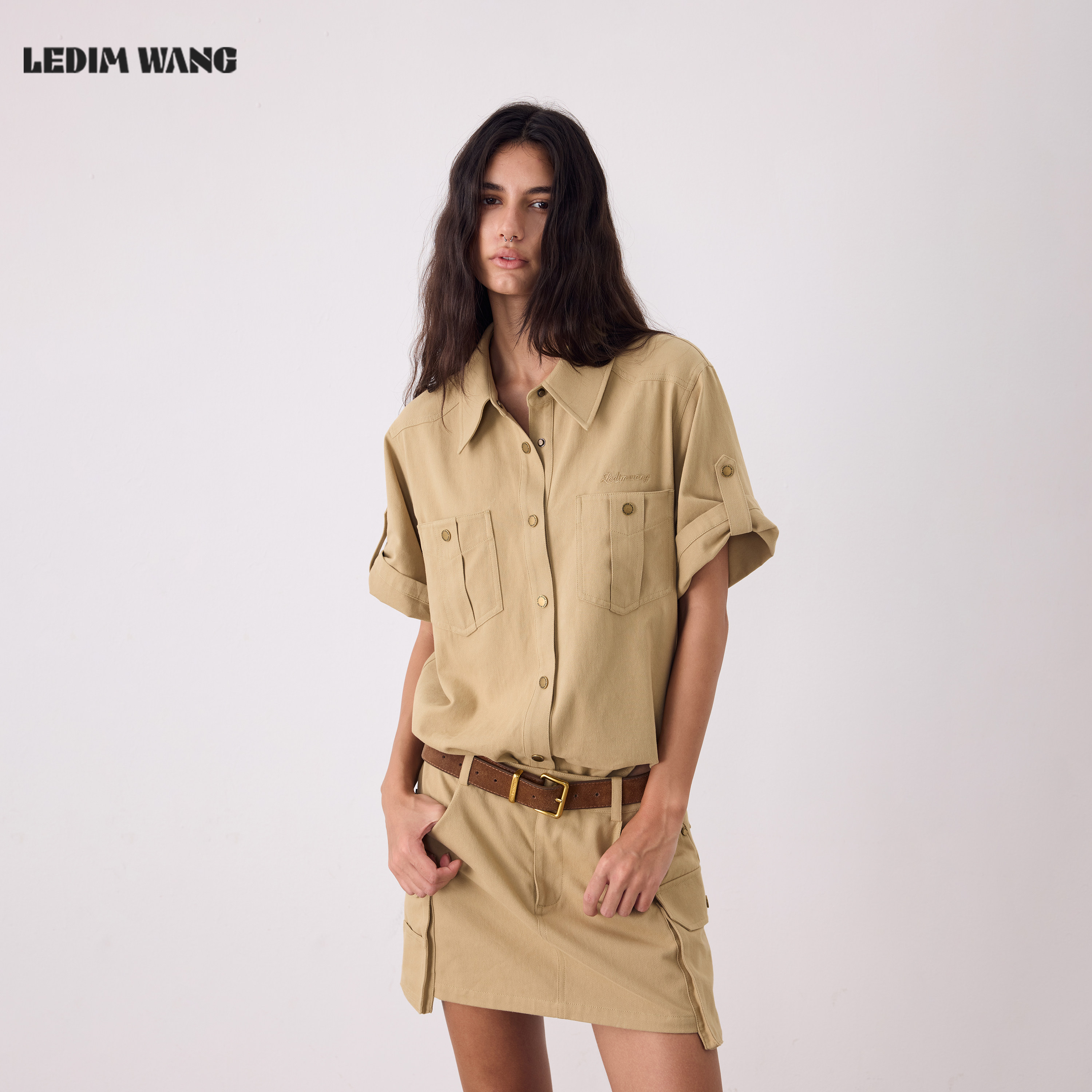 LEDIMWANG卡其色衬衫连衣裙女图片