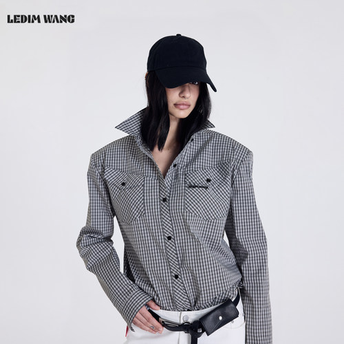 LEDIM WANG廓形格纹长袖衬衫女2026春夏新款灰色宽松垫肩短款衬衣