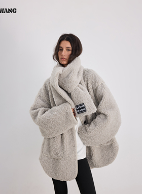 LEDIM WANG水貂灰仿羊羔毛皮草女25冬新款皮毛一体毛毛外套送围巾